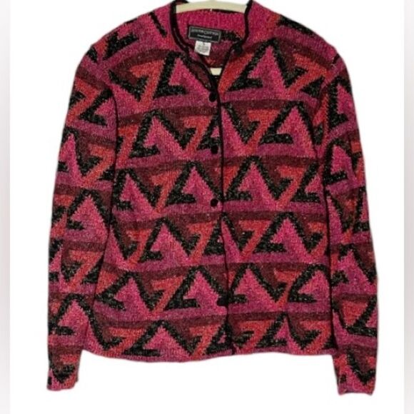 South Cotton Hand Loomed Pink Black Print Cardigan Sweater Size Small - Picture 1 of 6